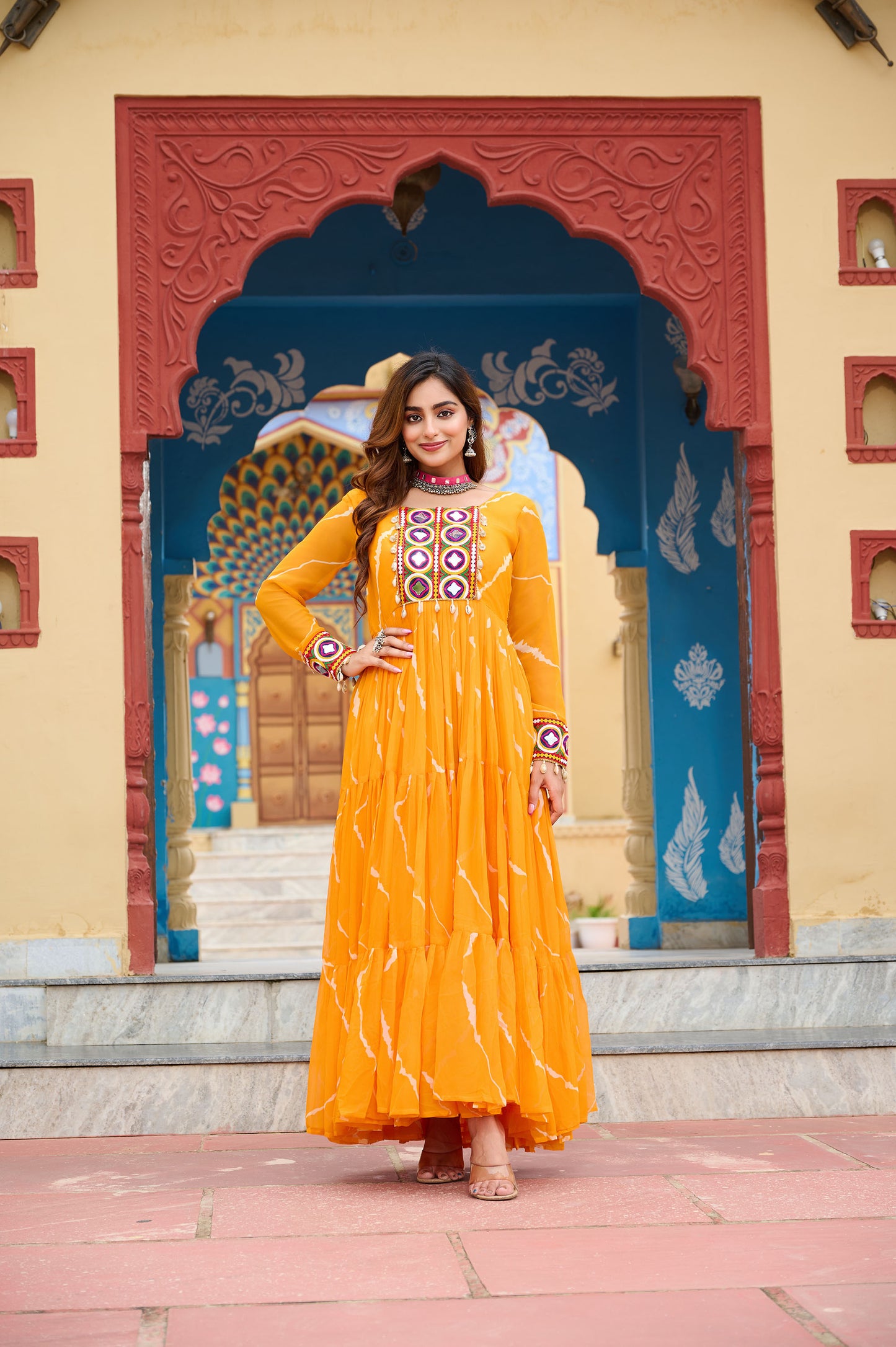 Yellow Faux Georgette Leheriya Print With Kutchi Patch Work Navaratri Gown