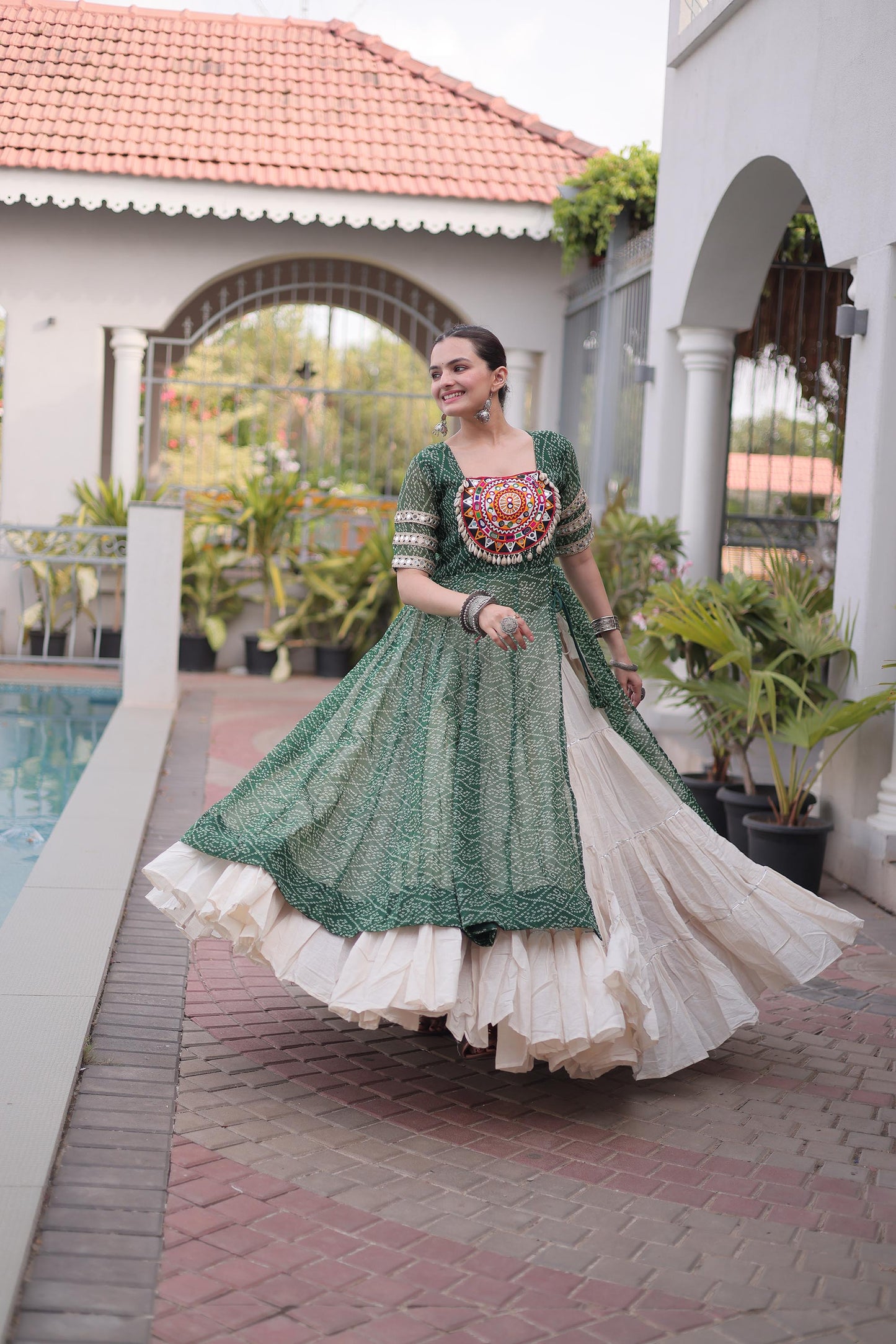 Green & White Bandhani Print With kutcha Patch Work Faux Georgette Navratri Lehenga Choli