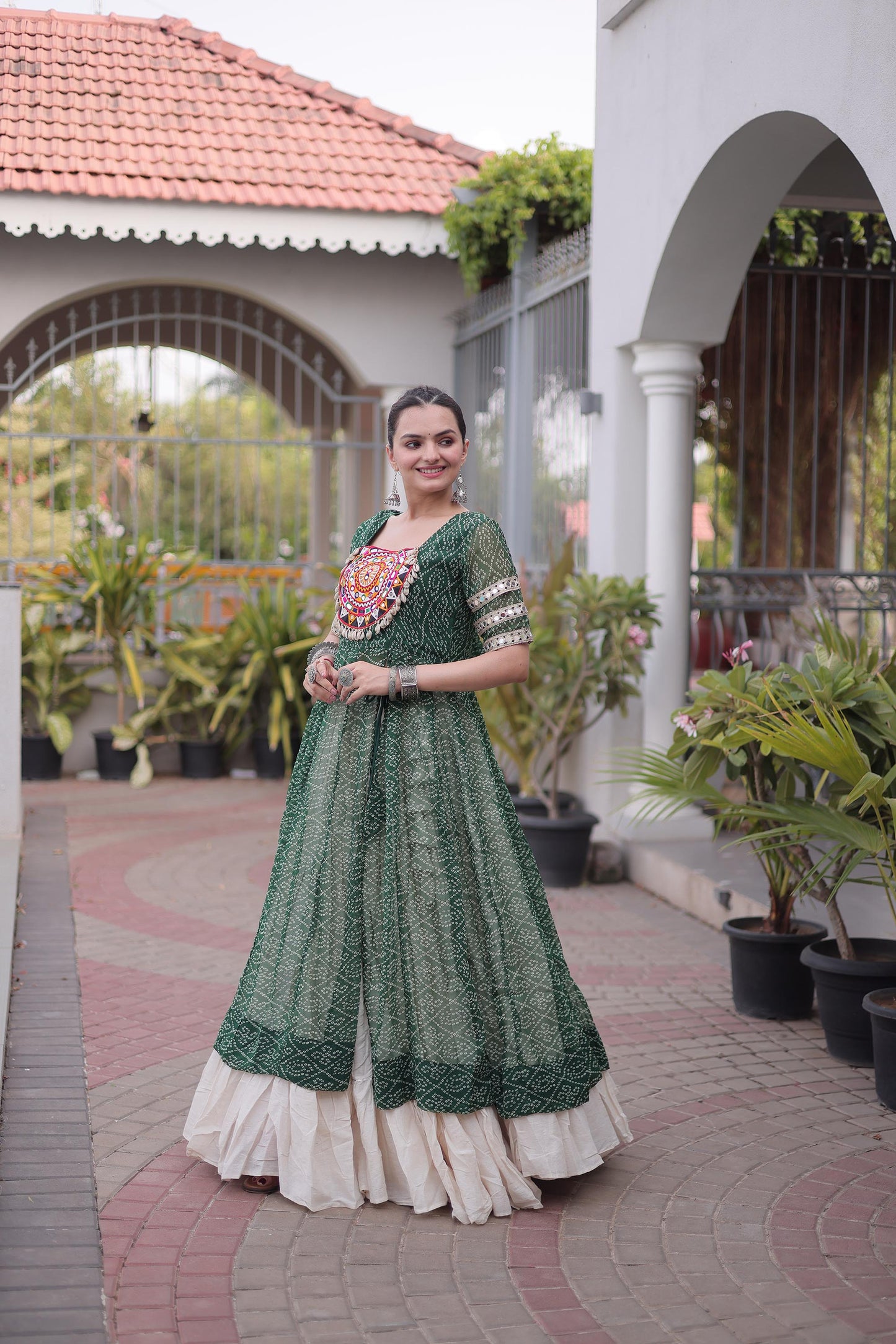 Green & White Bandhani Print With kutcha Patch Work Faux Georgette Navratri Lehenga Choli