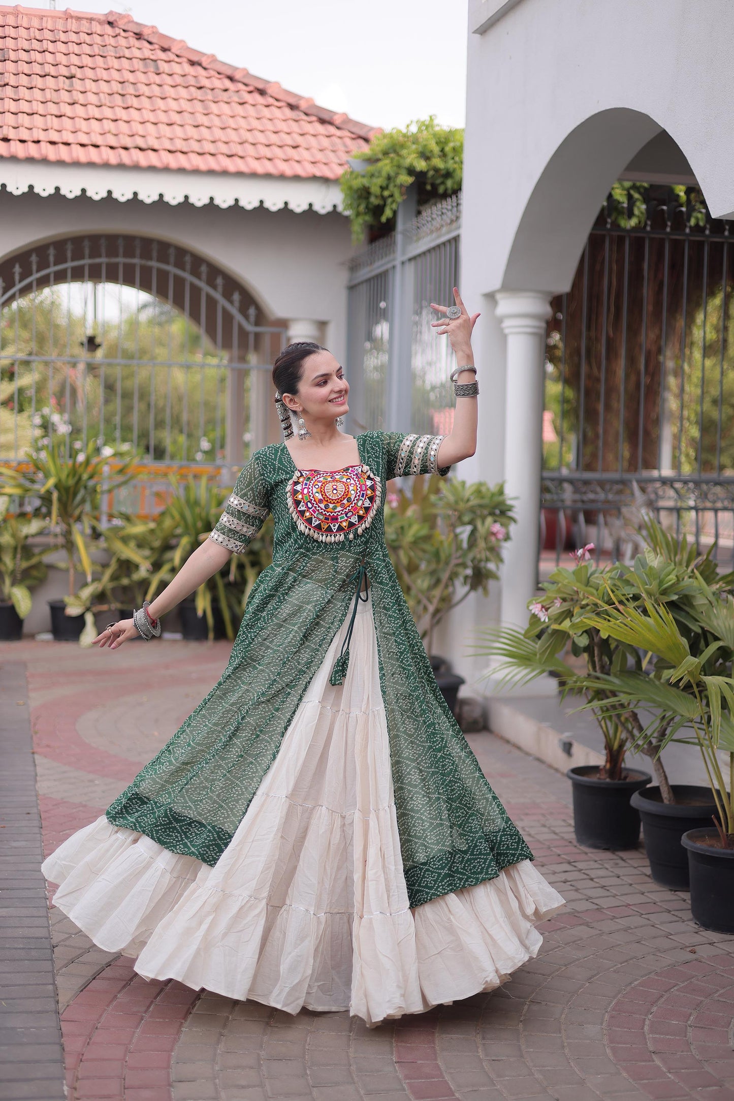 Green & White Bandhani Print With kutcha Patch Work Faux Georgette Navratri Lehenga Choli