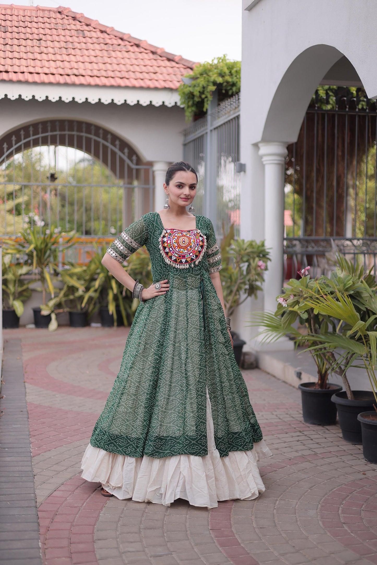 Green & White Bandhani Print With kutcha Patch Work Faux Georgette Navratri Lehenga Choli
