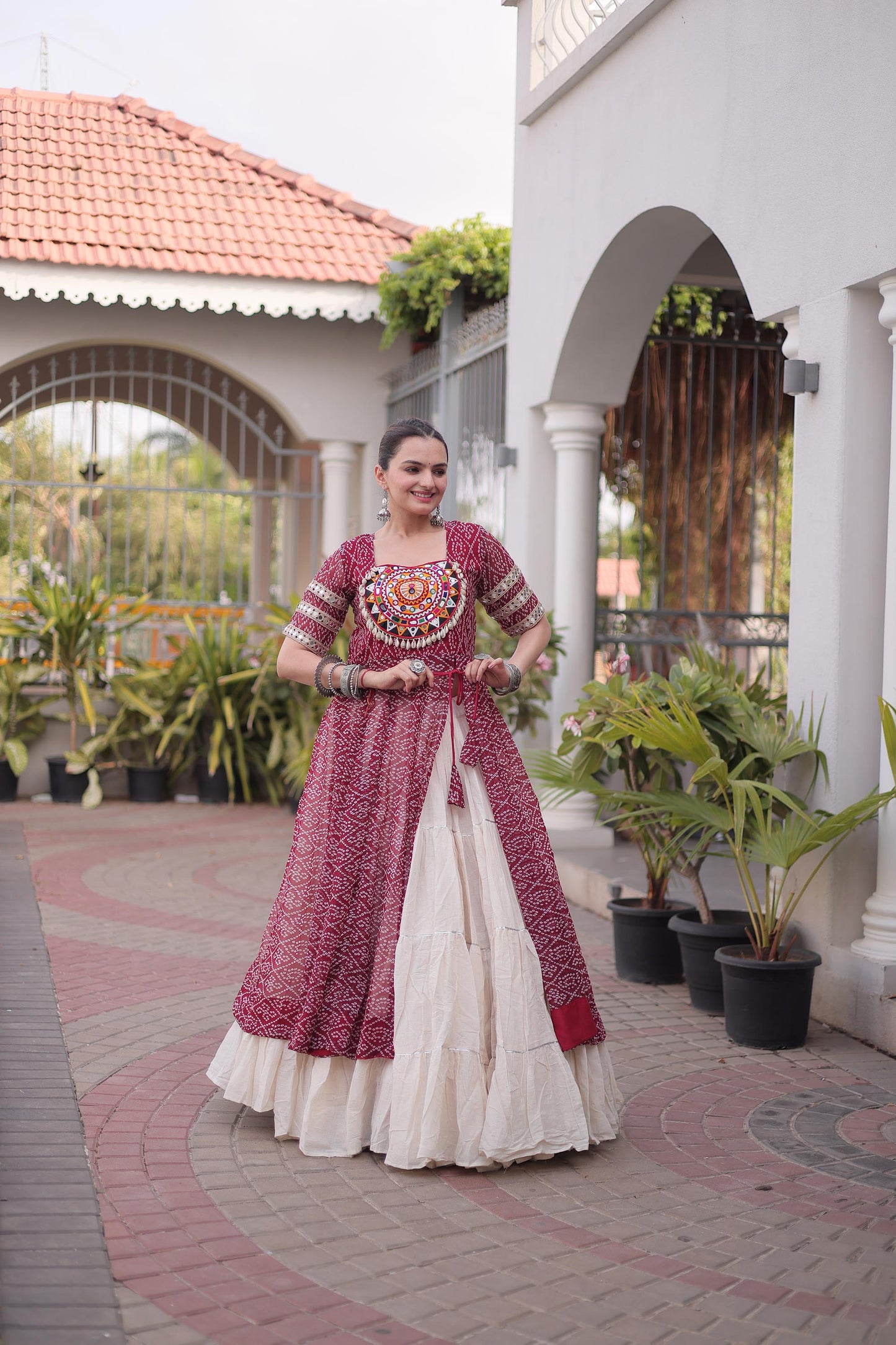 Maroon & White Bandhani Print With kutcha Patch Work Faux Georgette Navratri Lehenga Choli