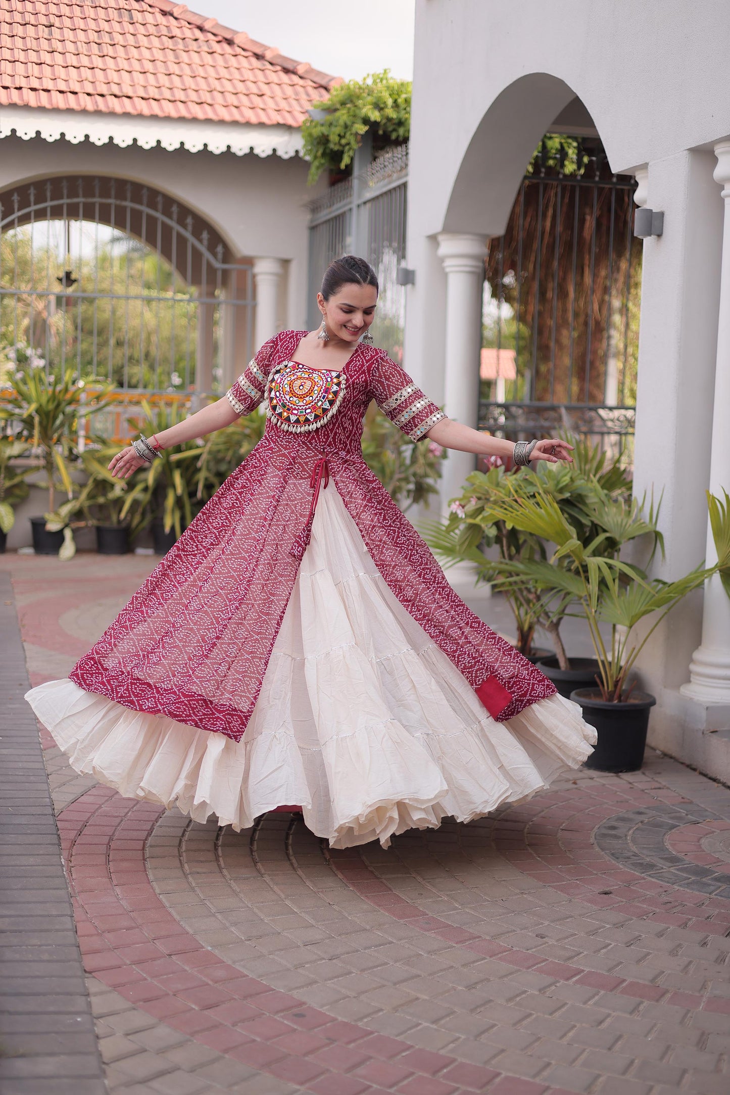 Maroon & White Bandhani Print With kutcha Patch Work Faux Georgette Navratri Lehenga Choli
