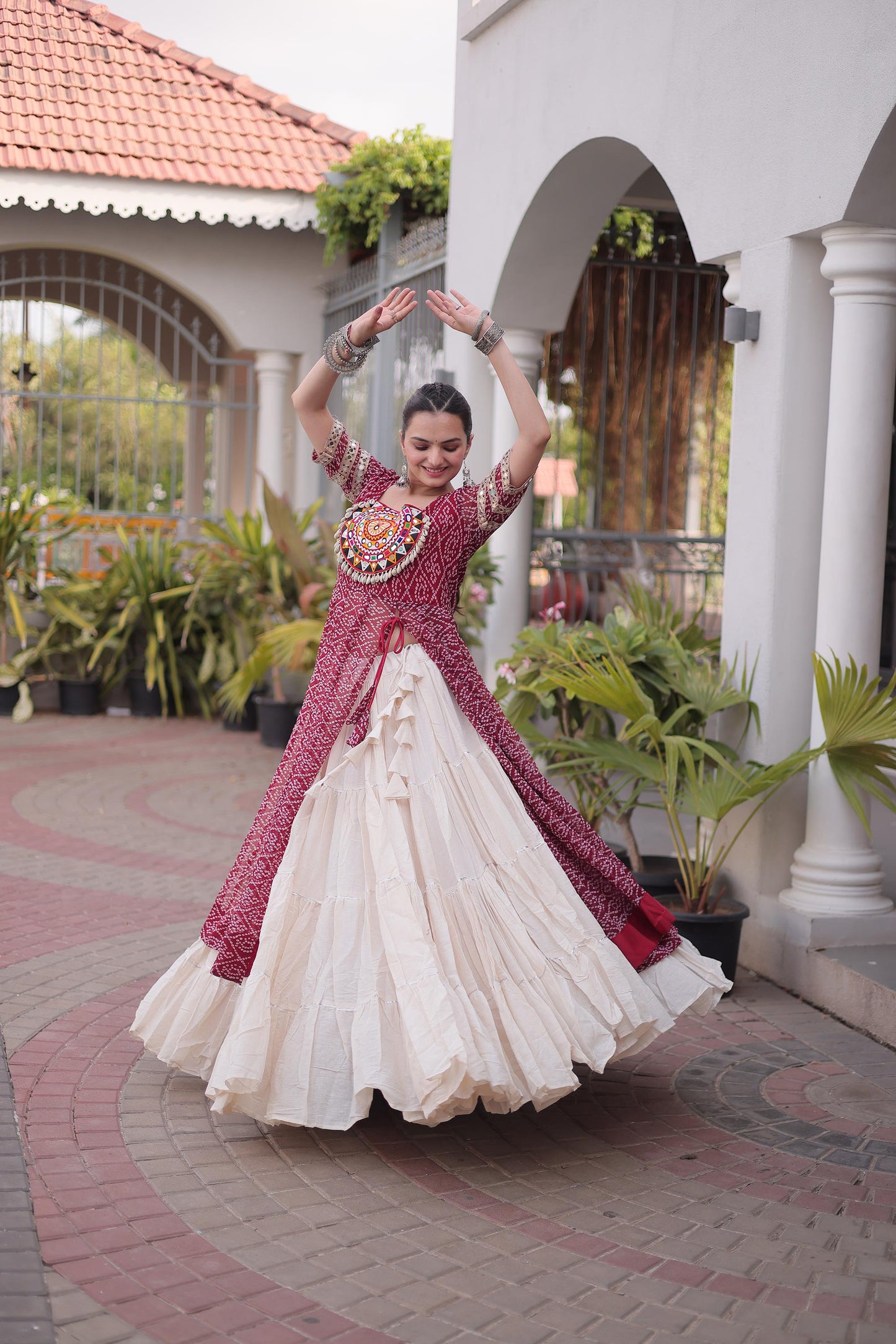 Maroon & White Bandhani Print With kutcha Patch Work Faux Georgette Navratri Lehenga Choli