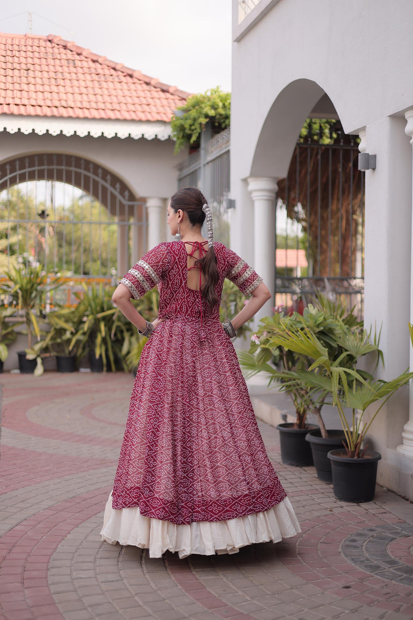 Maroon & White Bandhani Print With kutcha Patch Work Faux Georgette Navratri Lehenga Choli