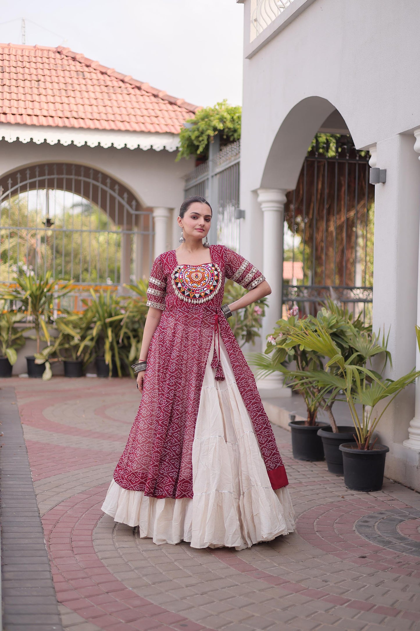 Maroon & White Bandhani Print With kutcha Patch Work Faux Georgette Navratri Lehenga Choli