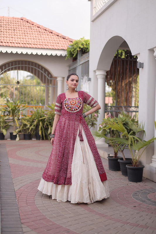 Maroon & White Bandhani Print With kutcha Patch Work Faux Georgette Navratri Lehenga Choli