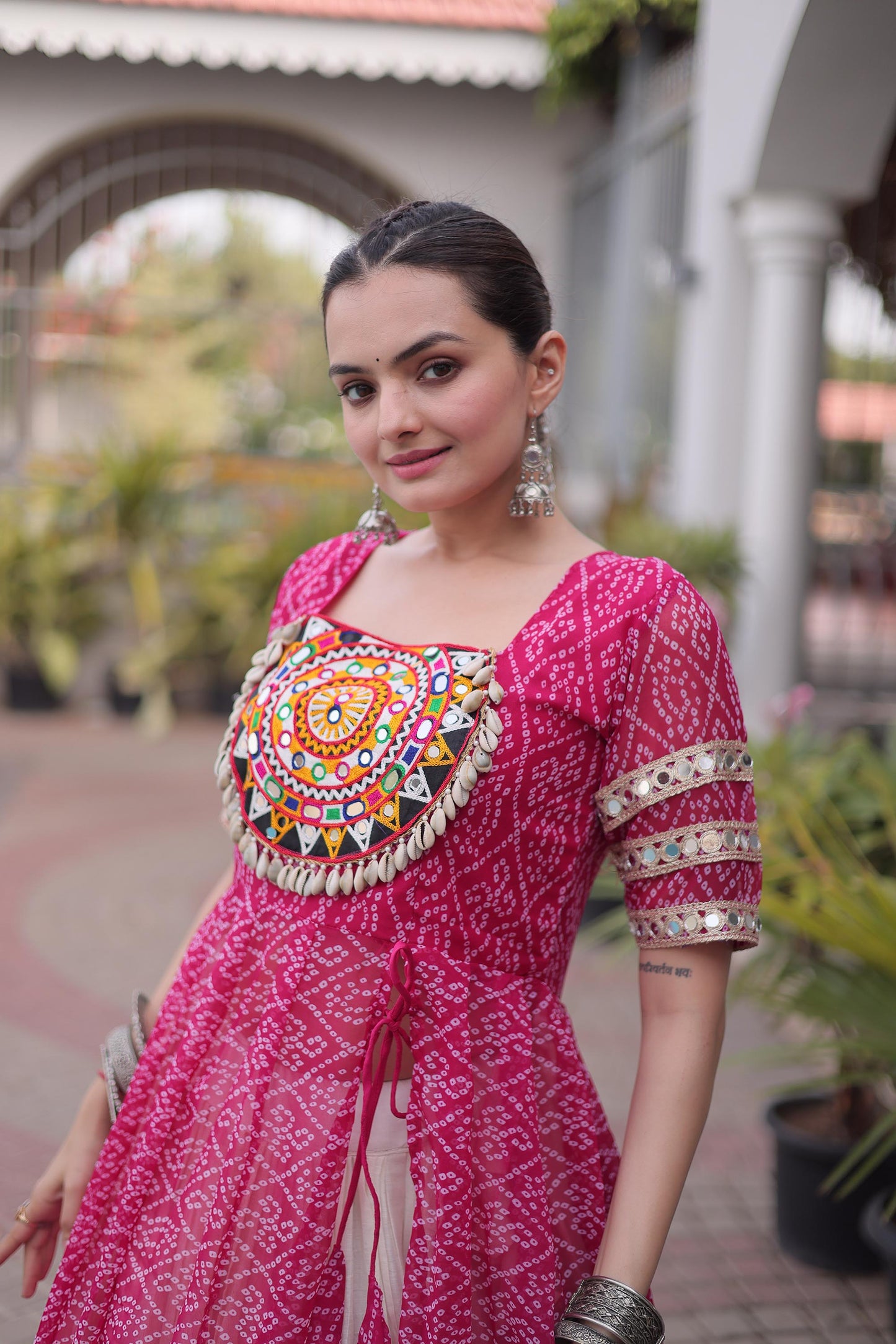 Pink & White Bandhani Print With kutcha Patch Work Faux Georgette Navratri Lehenga Choli