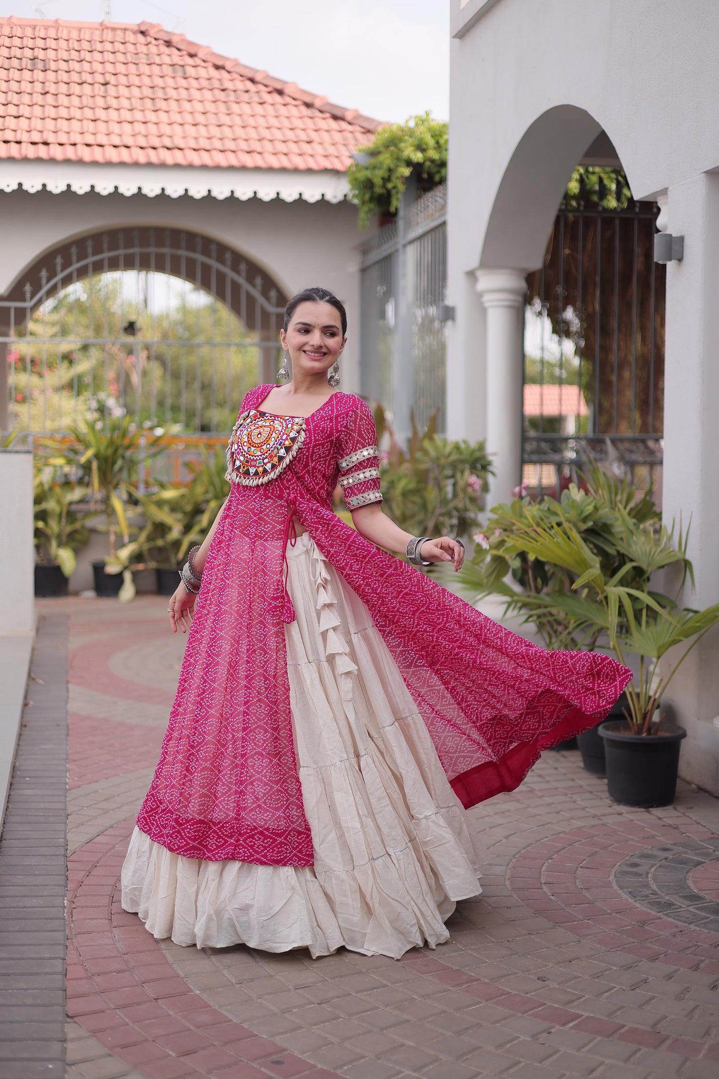 Pink & White Bandhani Print With kutcha Patch Work Faux Georgette Navratri Lehenga Choli