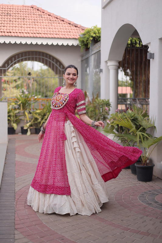 Pink & White Bandhani Print With kutcha Patch Work Faux Georgette Navratri Lehenga Choli