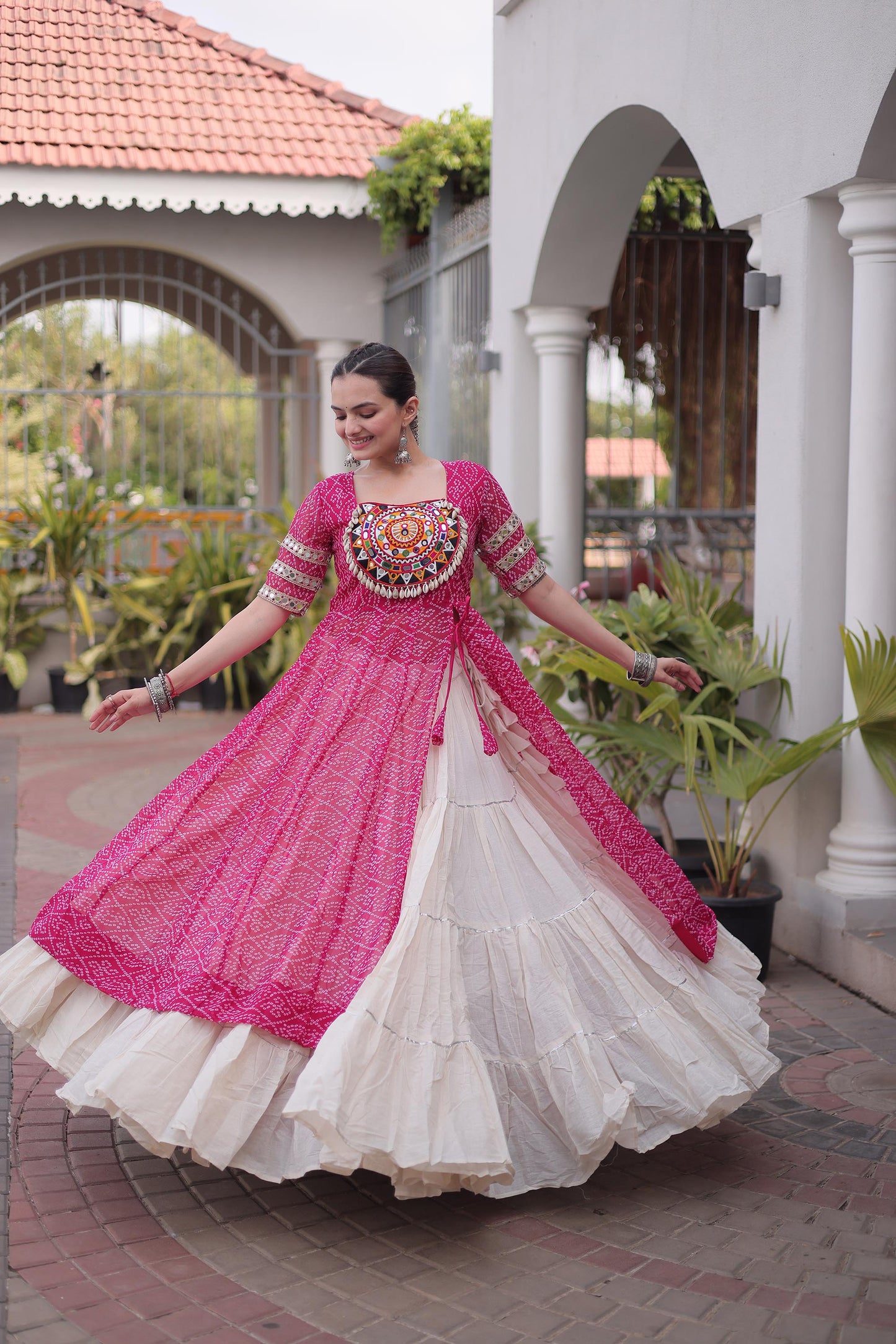 Pink & White Bandhani Print With kutcha Patch Work Faux Georgette Navratri Lehenga Choli