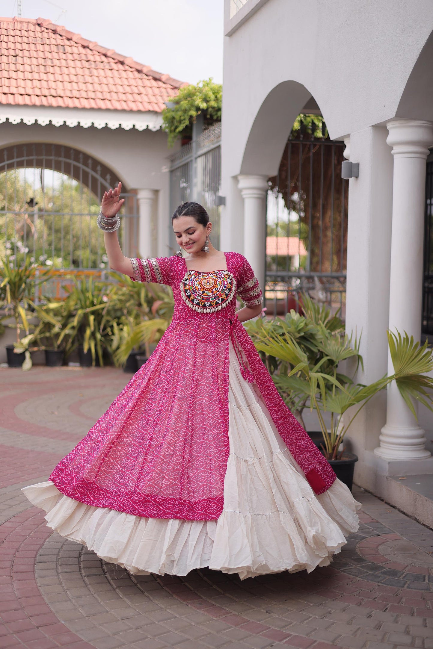 Pink & White Bandhani Print With kutcha Patch Work Faux Georgette Navratri Lehenga Choli
