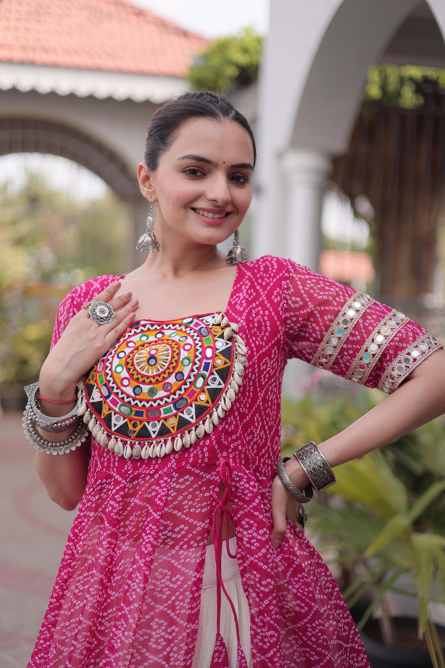 Pink & White Bandhani Print With kutcha Patch Work Faux Georgette Navratri Lehenga Choli