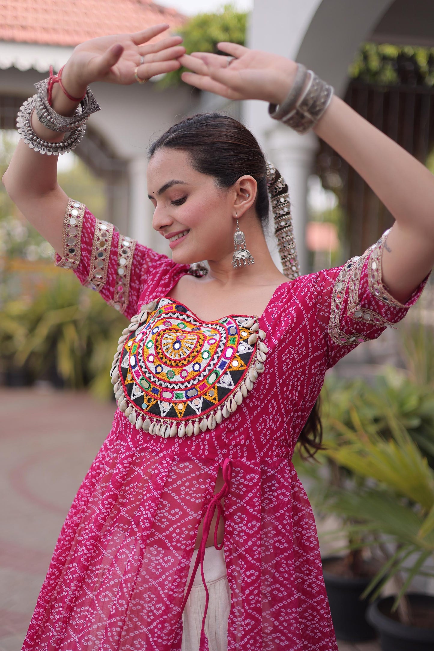 Pink & White Bandhani Print With kutcha Patch Work Faux Georgette Navratri Lehenga Choli
