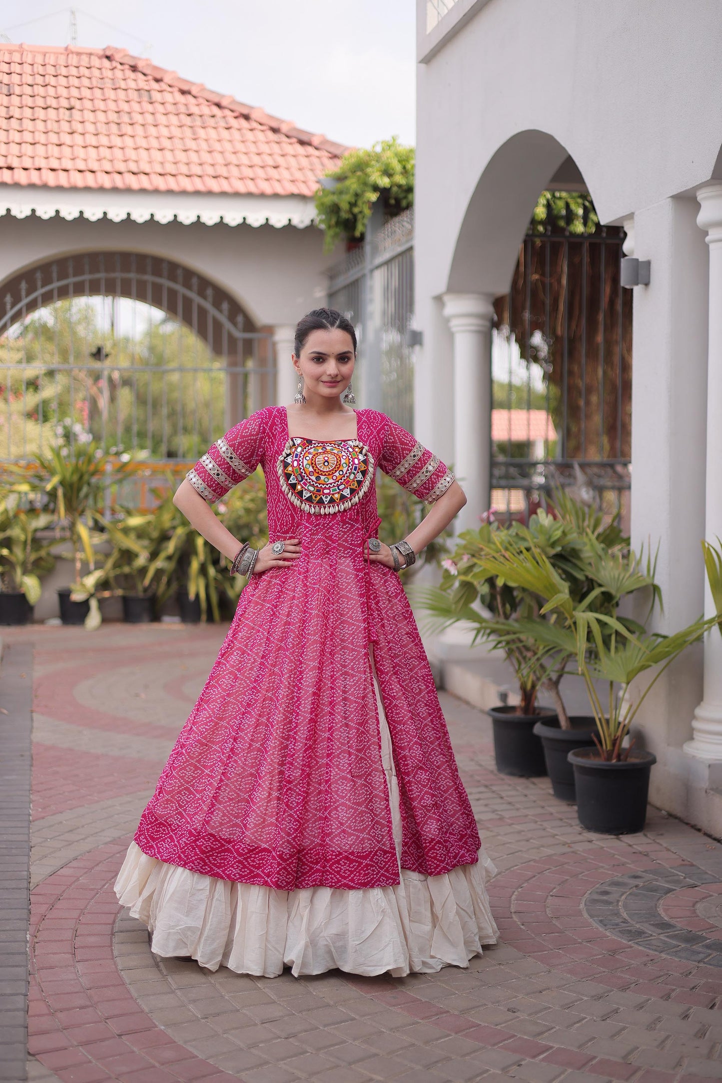 Pink & White Bandhani Print With kutcha Patch Work Faux Georgette Navratri Lehenga Choli