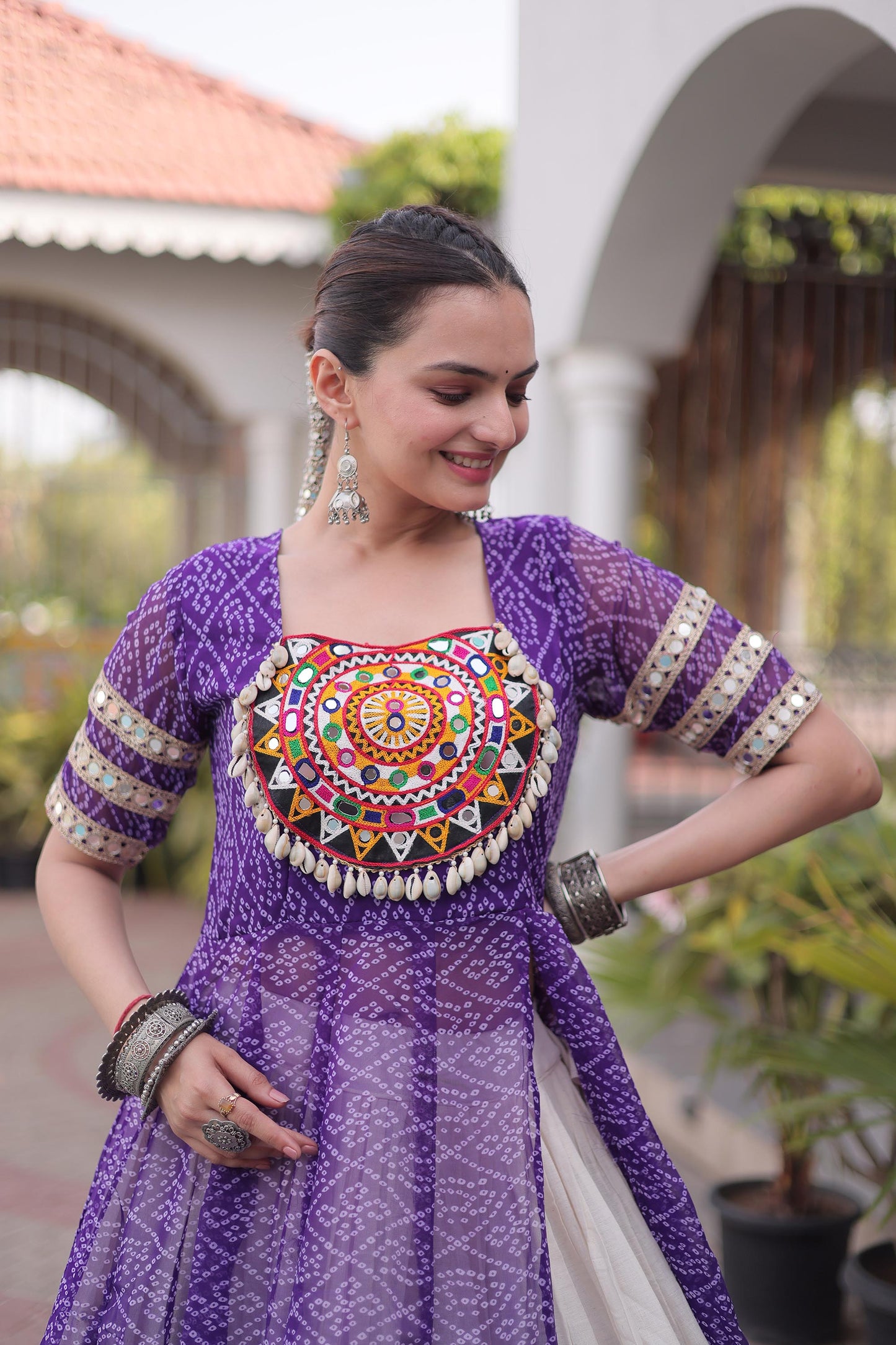 Purple & White Bandhani Print With kutcha Patch Work Faux Georgette Navratri Lehenga Choli