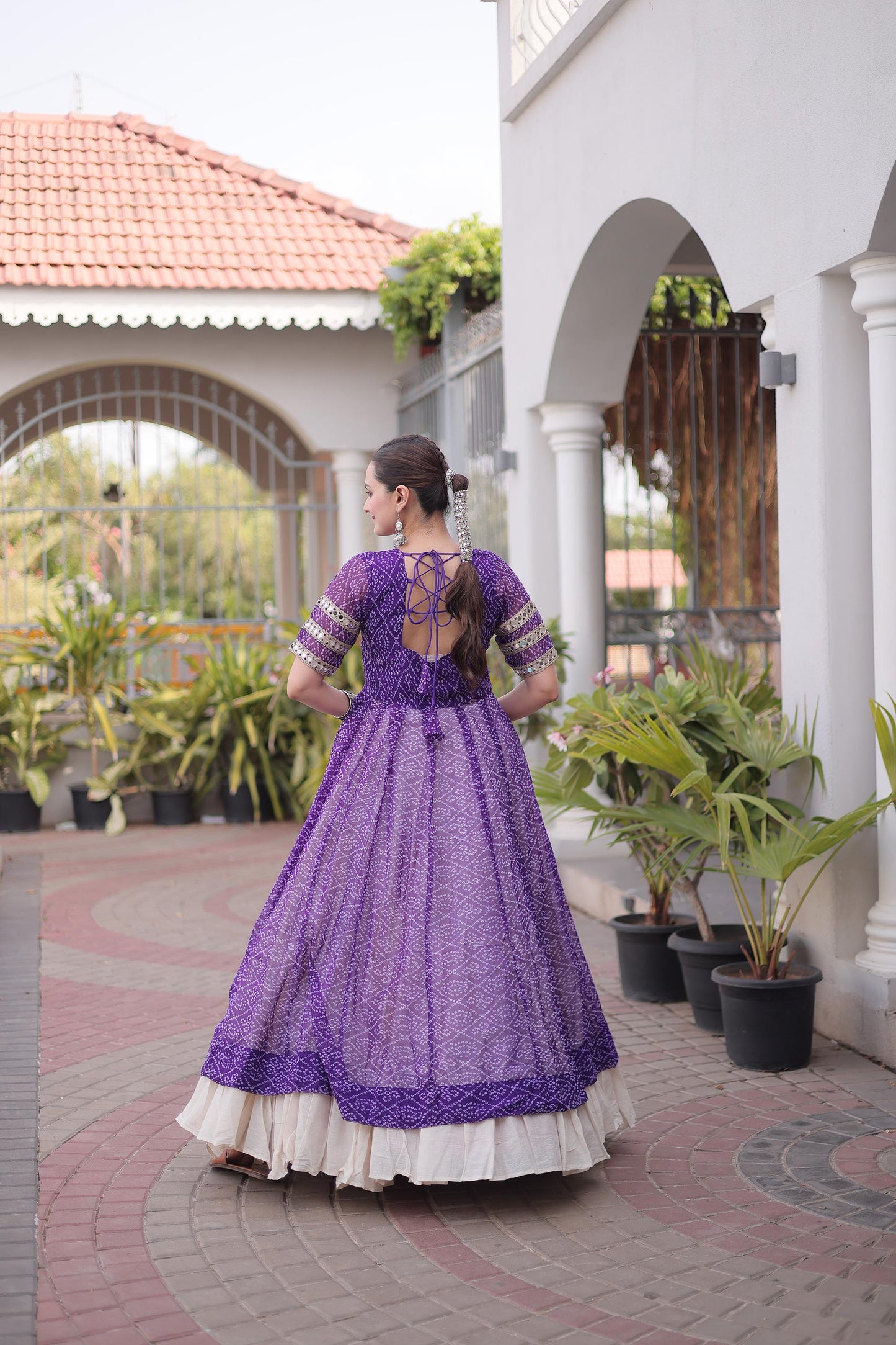 Purple & White Bandhani Print With kutcha Patch Work Faux Georgette Navratri Lehenga Choli