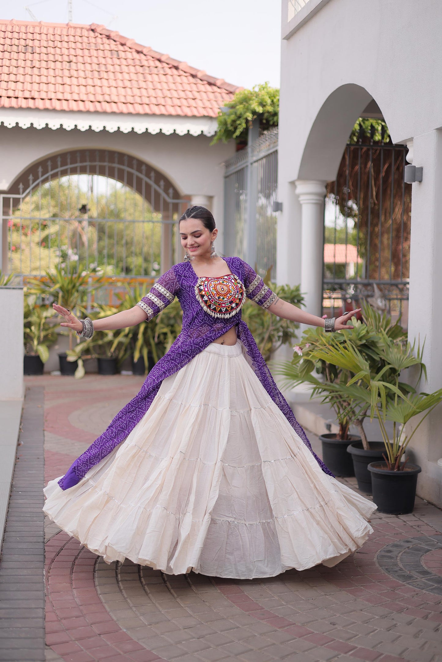 Purple & White Bandhani Print With kutcha Patch Work Faux Georgette Navratri Lehenga Choli
