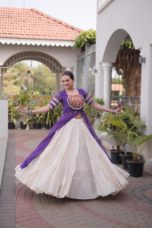 Purple & White Bandhani Print With kutcha Patch Work Faux Georgette Navratri Lehenga Choli
