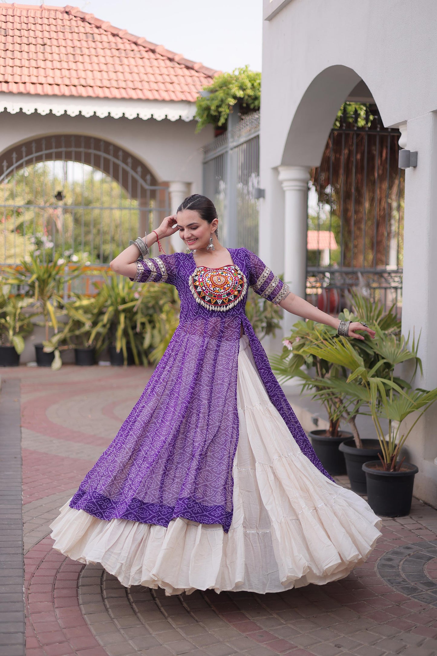 Purple & White Bandhani Print With kutcha Patch Work Faux Georgette Navratri Lehenga Choli