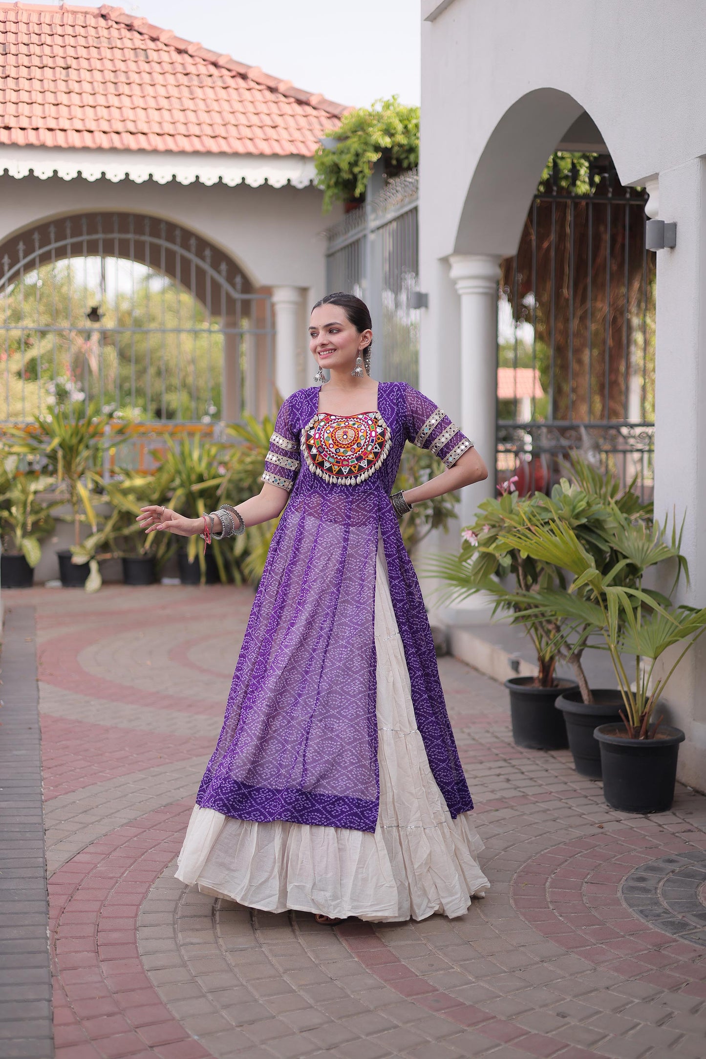 Purple & White Bandhani Print With kutcha Patch Work Faux Georgette Navratri Lehenga Choli
