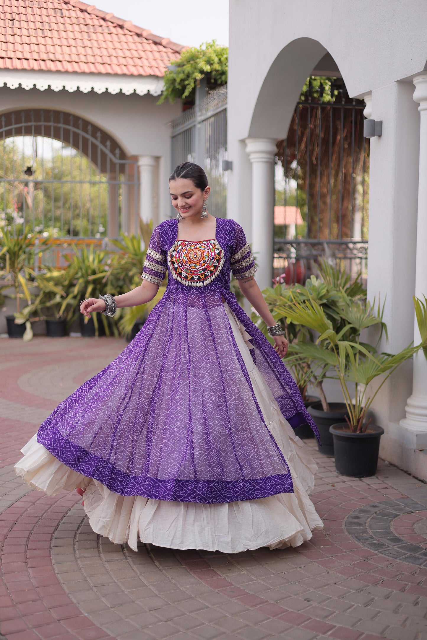 Purple & White Bandhani Print With kutcha Patch Work Faux Georgette Navratri Lehenga Choli