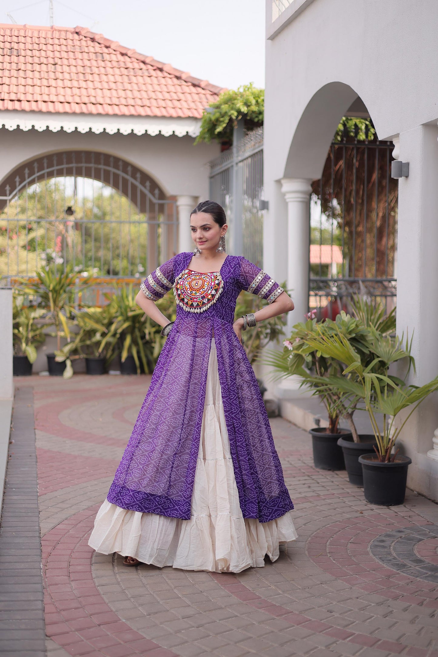 Purple & White Bandhani Print With kutcha Patch Work Faux Georgette Navratri Lehenga Choli