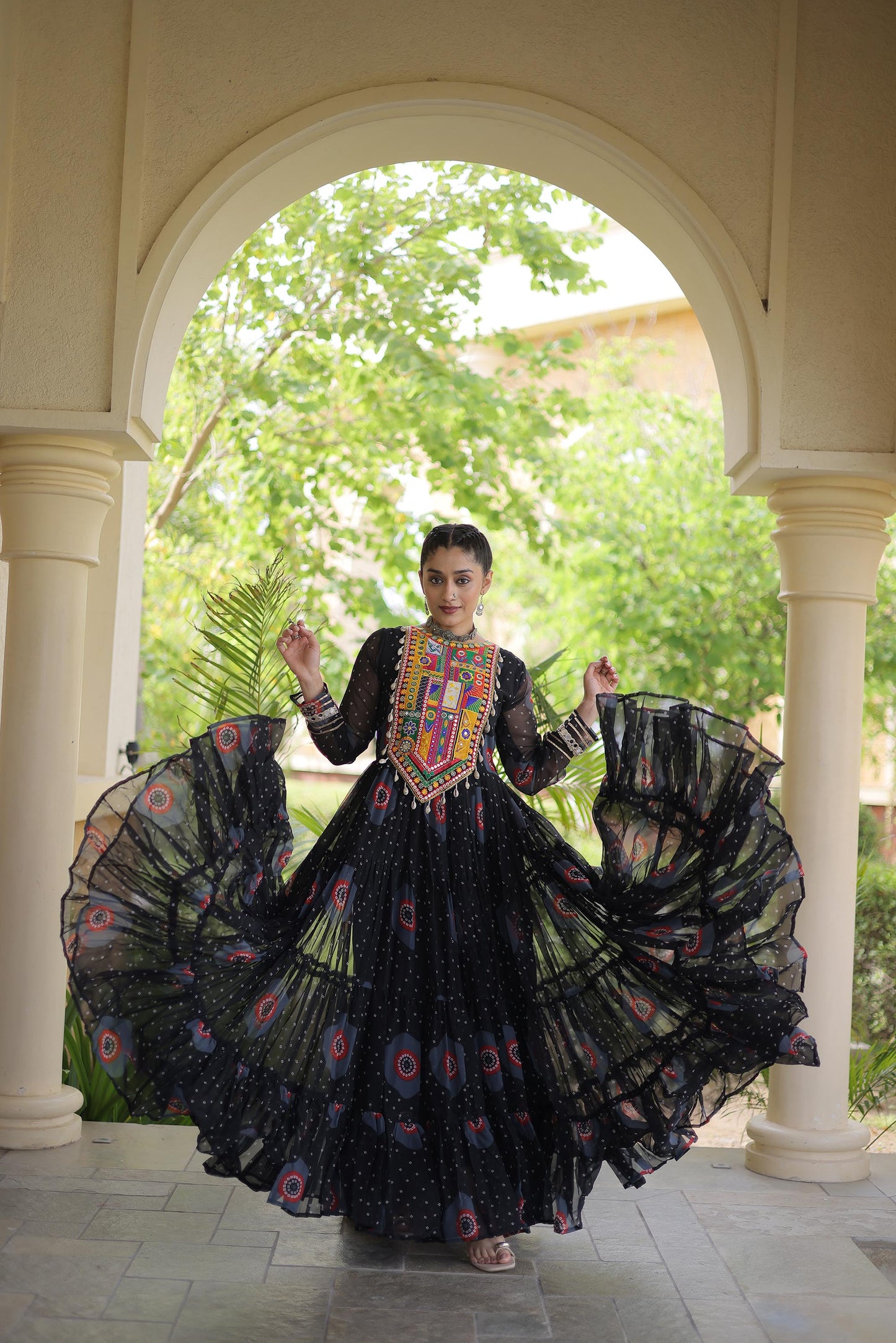 Black Faux Georgette Bandhani Print & Kutchi Patchwork Anarkali Gown