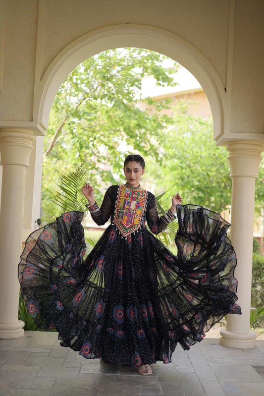 Black Faux Georgette Bandhani Print & Kutchi Patchwork Anarkali Gown
