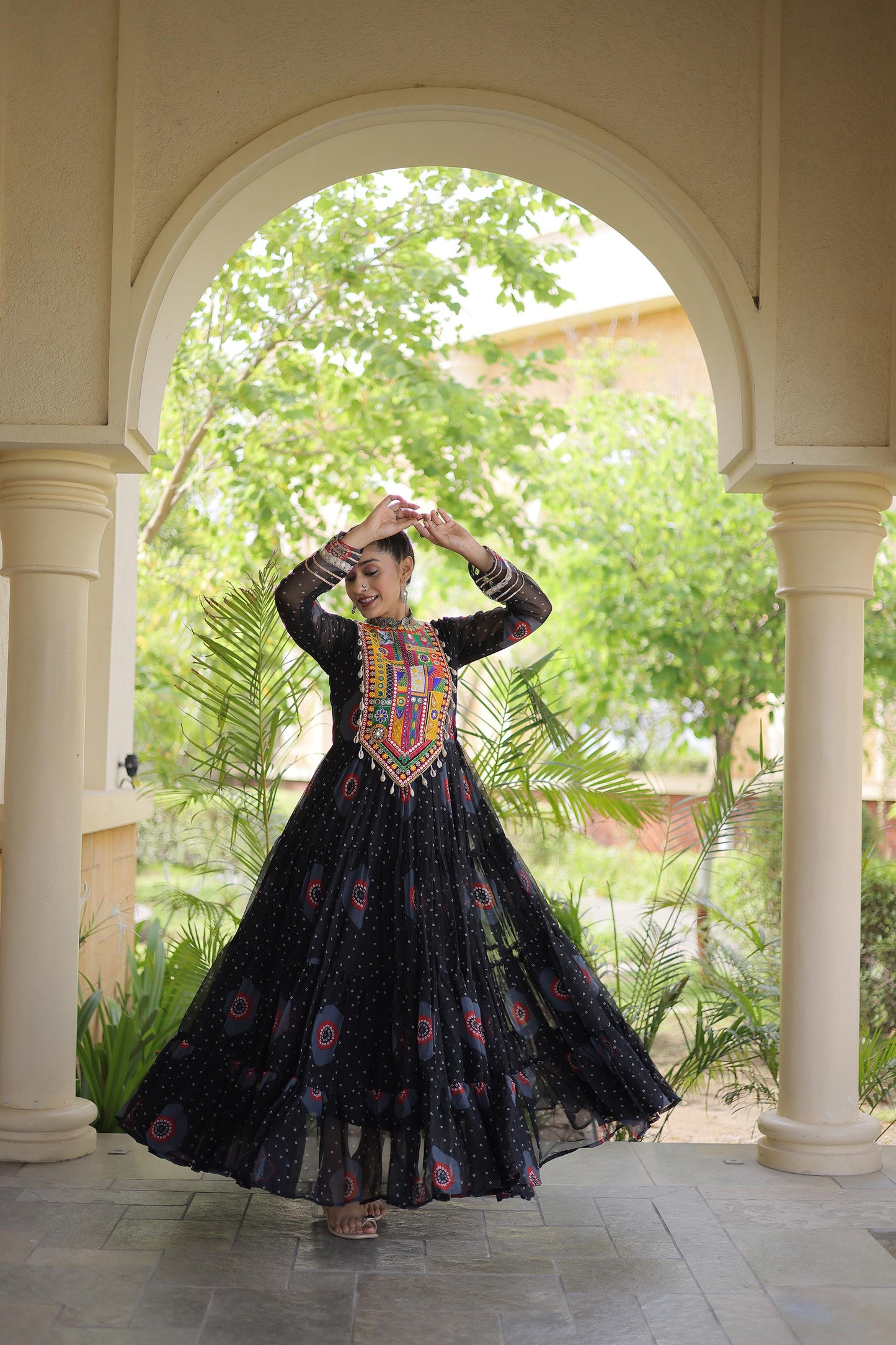 Black Faux Georgette Bandhani Print & Kutchi Patchwork Anarkali Gown