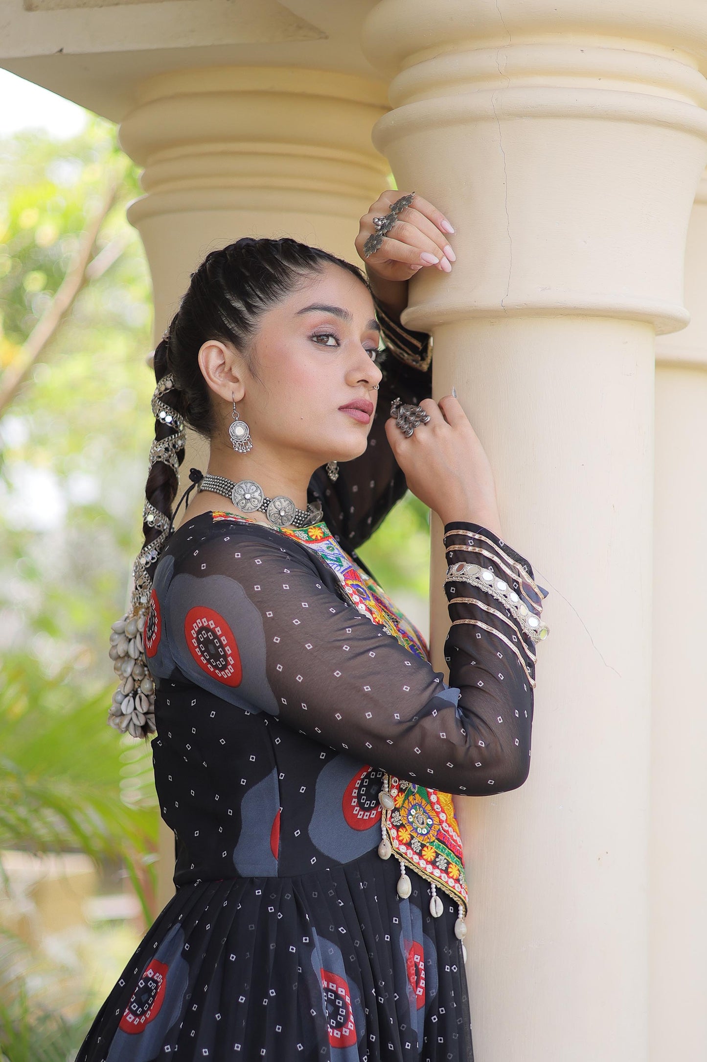 Black Faux Georgette Bandhani Print & Kutchi Patchwork Anarkali Gown