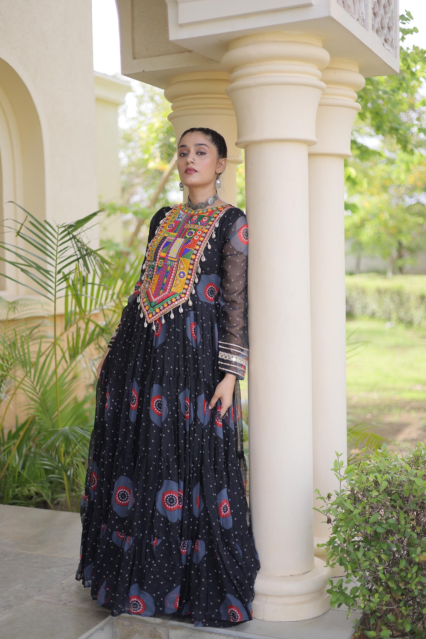 Black Faux Georgette Bandhani Print & Kutchi Patchwork Anarkali Gown