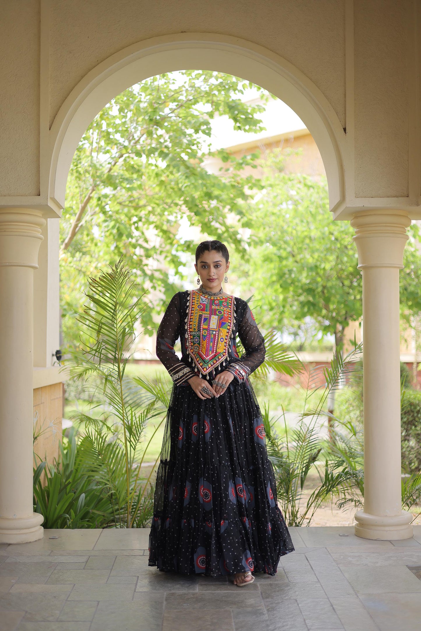 Black Faux Georgette Bandhani Print & Kutchi Patchwork Anarkali Gown