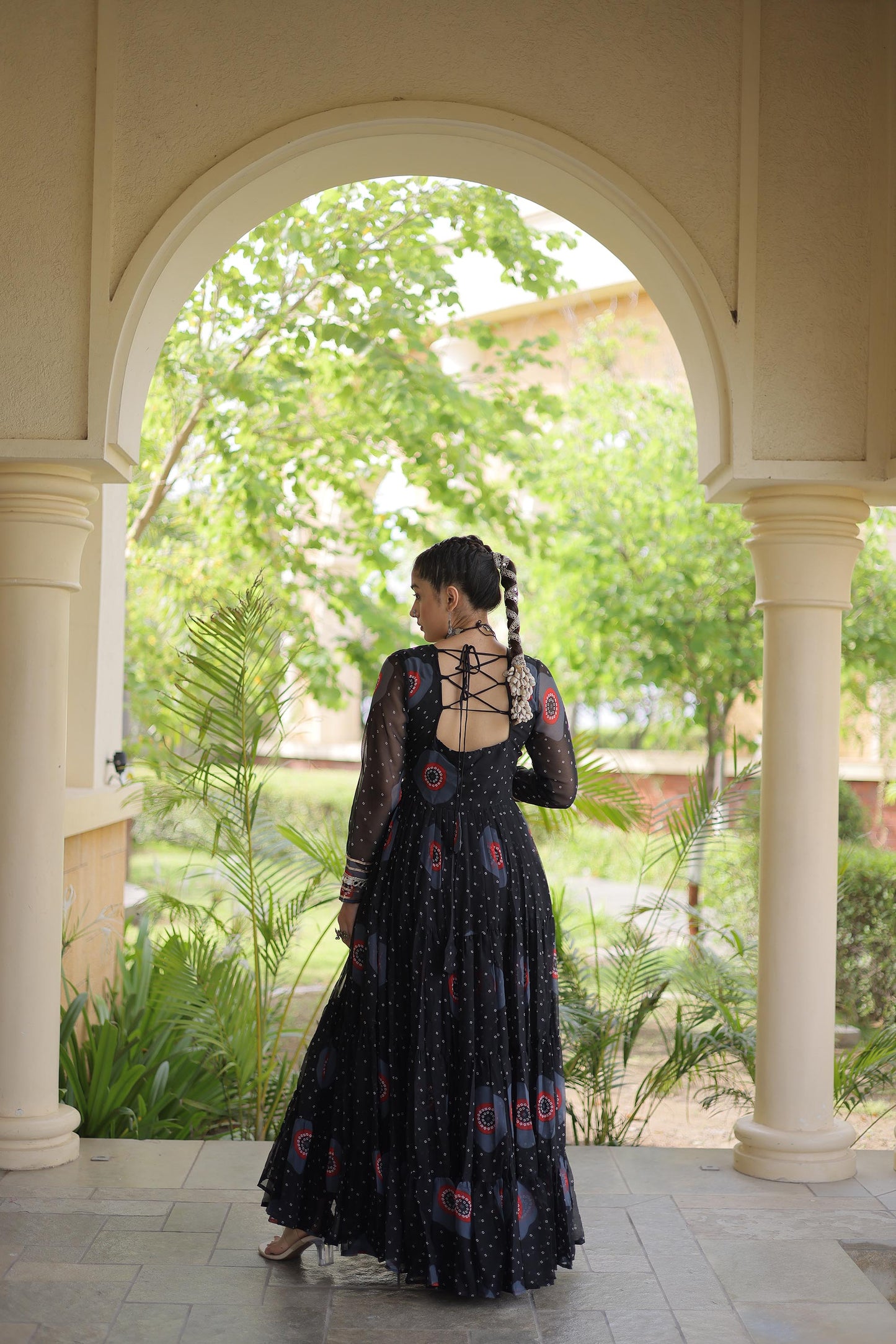 Black Faux Georgette Bandhani Print & Kutchi Patchwork Anarkali Gown