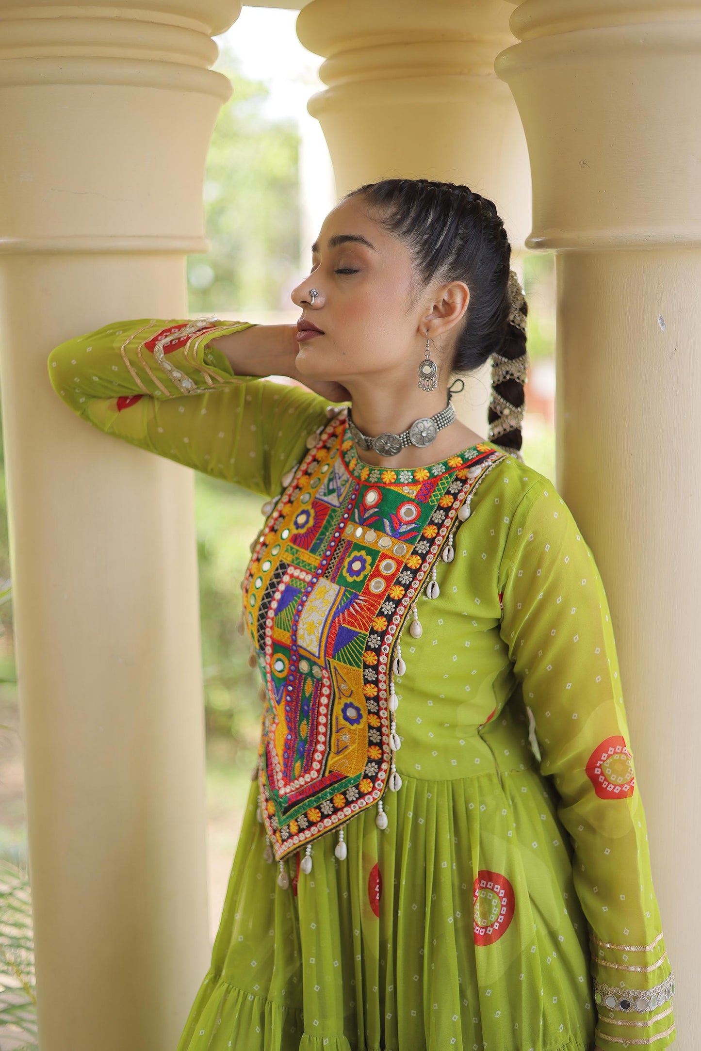 Sea Green Faux Georgette Bandhani Print & Kutchi Patchwork Anarkali Gown