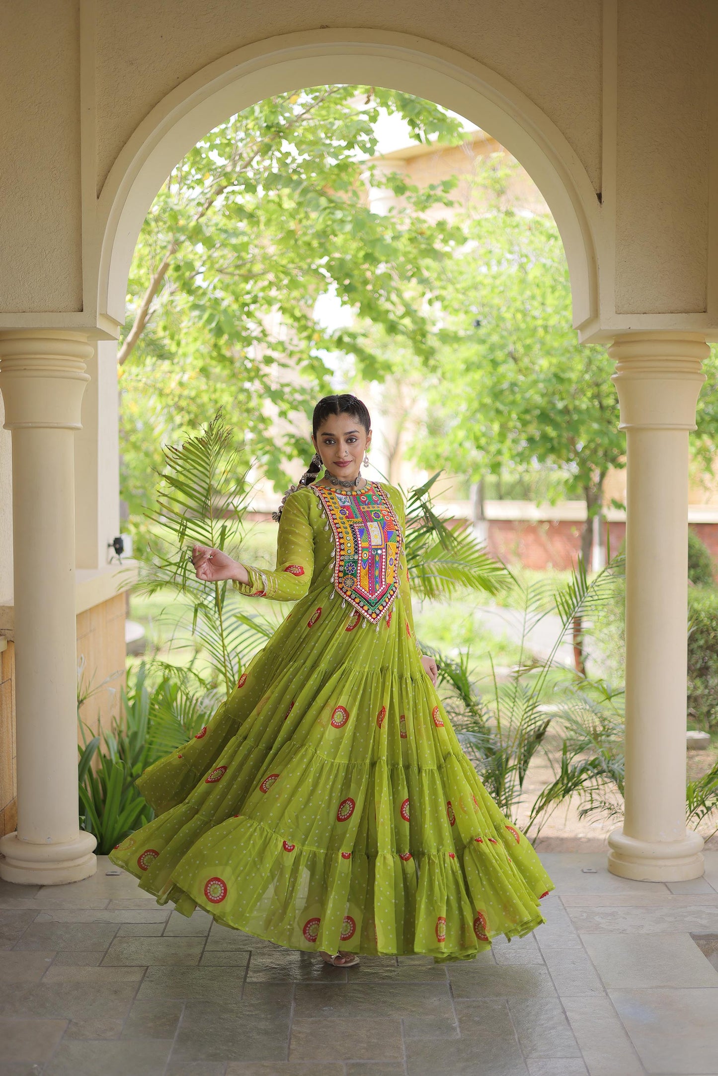Sea Green Faux Georgette Bandhani Print & Kutchi Patchwork Anarkali Gown