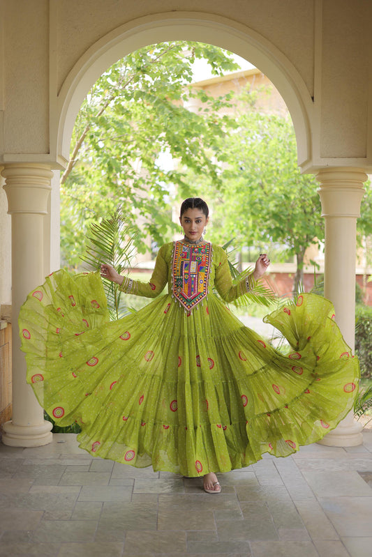 Sea Green Faux Georgette Bandhani Print & Kutchi Patchwork Anarkali Gown