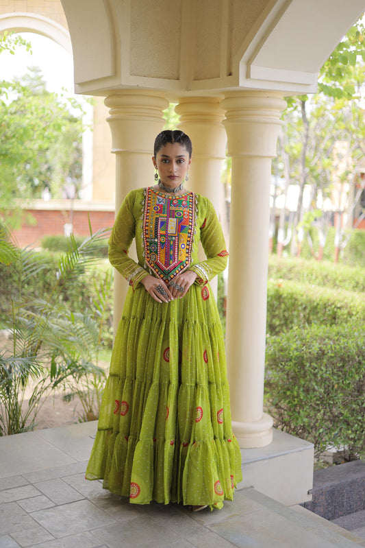 Sea Green Faux Georgette Bandhani Print & Kutchi Patchwork Anarkali Gown