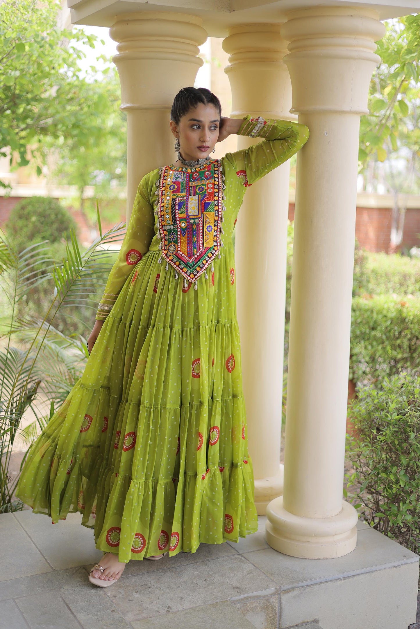 Sea Green Faux Georgette Bandhani Print & Kutchi Patchwork Anarkali Gown