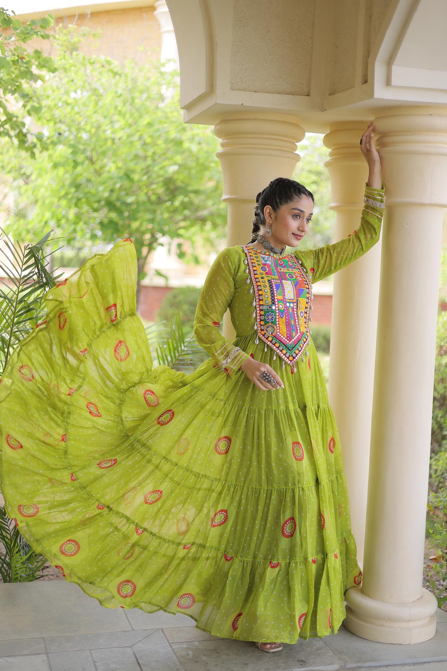 Sea Green Faux Georgette Bandhani Print & Kutchi Patchwork Anarkali Gown