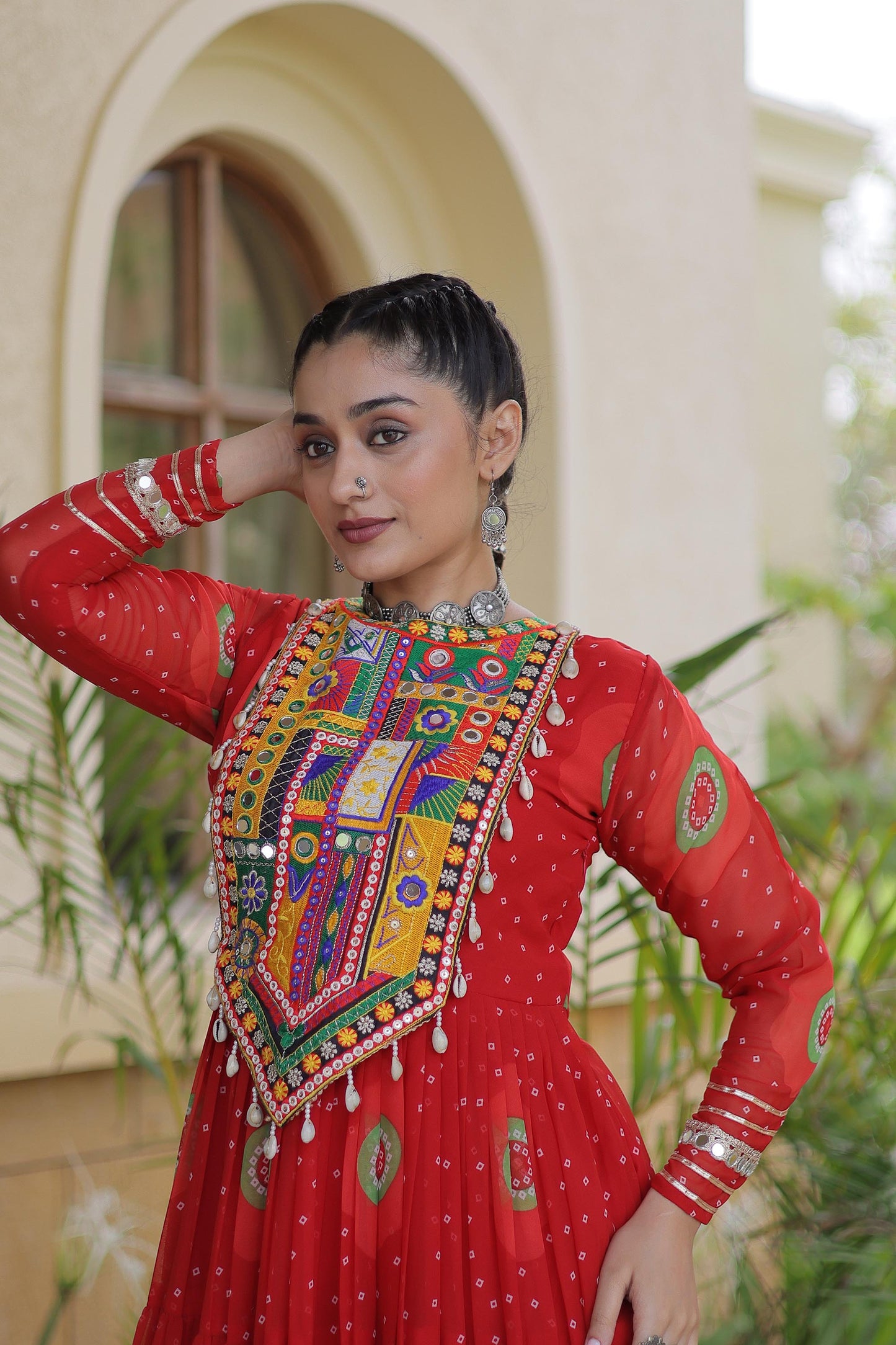 Red Faux Georgette Bandhani Print & Kutchi Patchwork Anarkali Gown