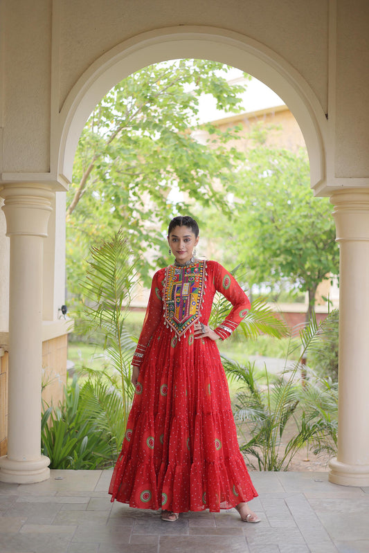 Red Faux Georgette Bandhani Print & Kutchi Patchwork Anarkali Gown
