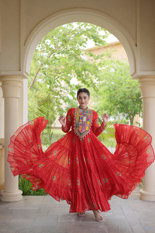 Red Faux Georgette Bandhani Print & Kutchi Patchwork Anarkali Gown