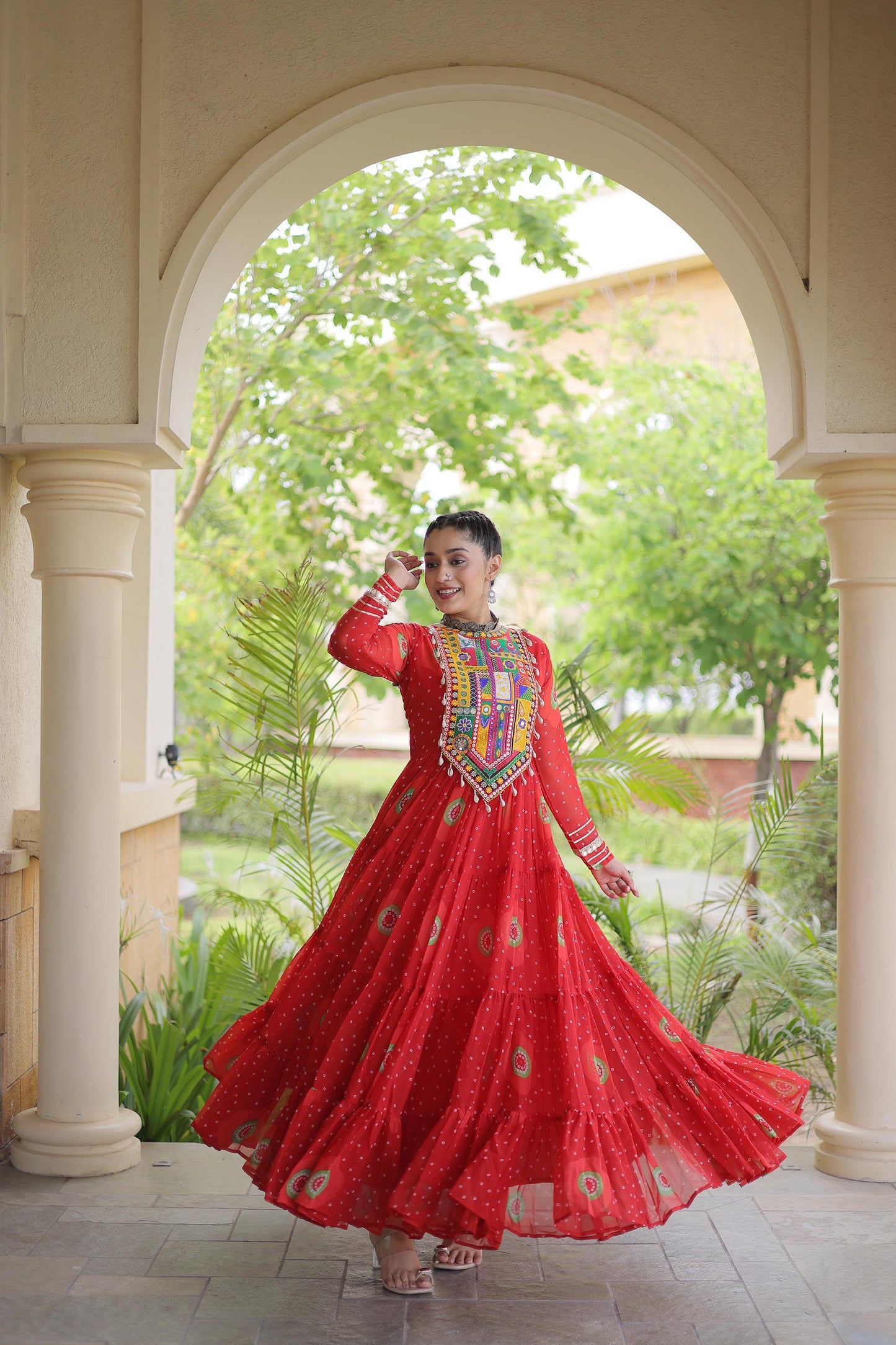 Red Faux Georgette Bandhani Print & Kutchi Patchwork Anarkali Gown