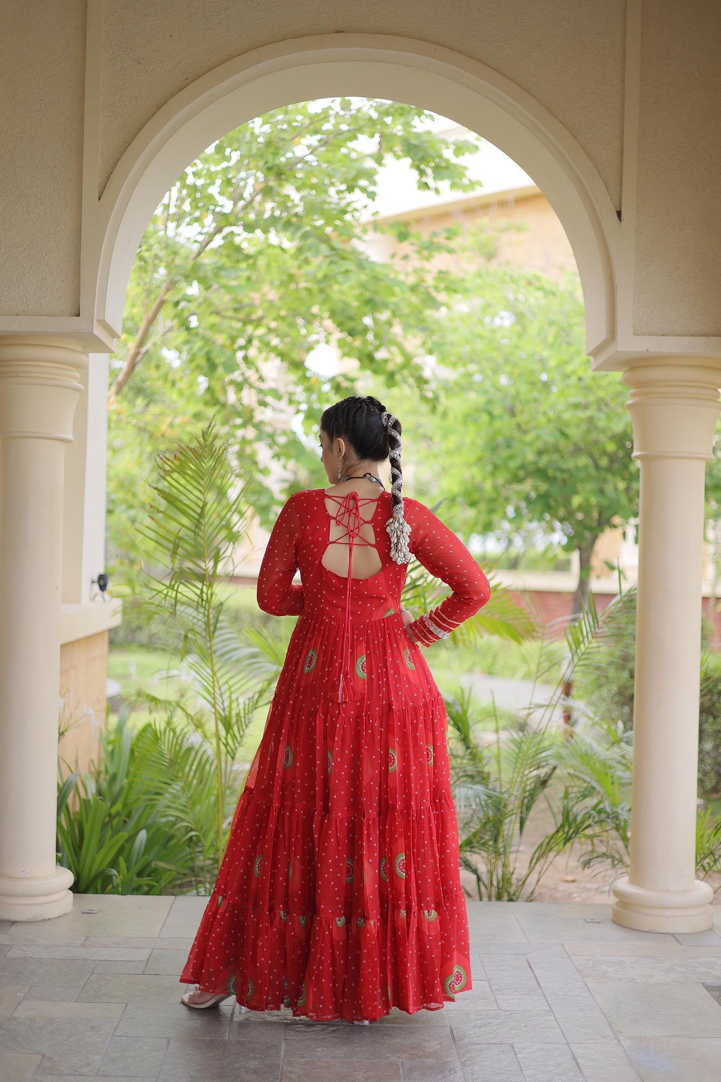 Red Faux Georgette Bandhani Print & Kutchi Patchwork Anarkali Gown