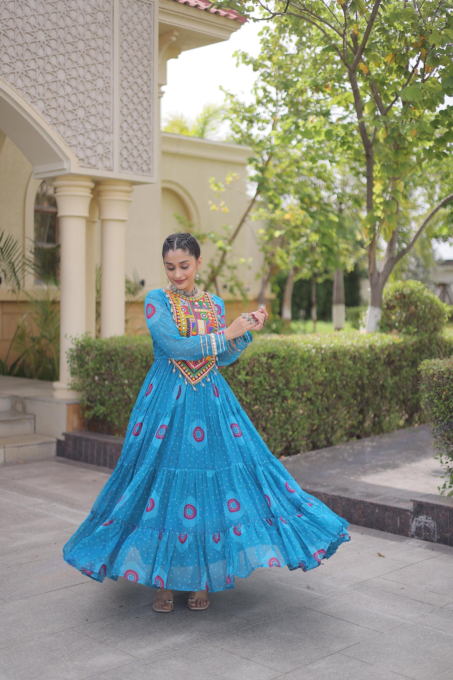 Sky Blue Faux Georgette Bandhani Print & Kutchi Patchwork Anarkali Gown