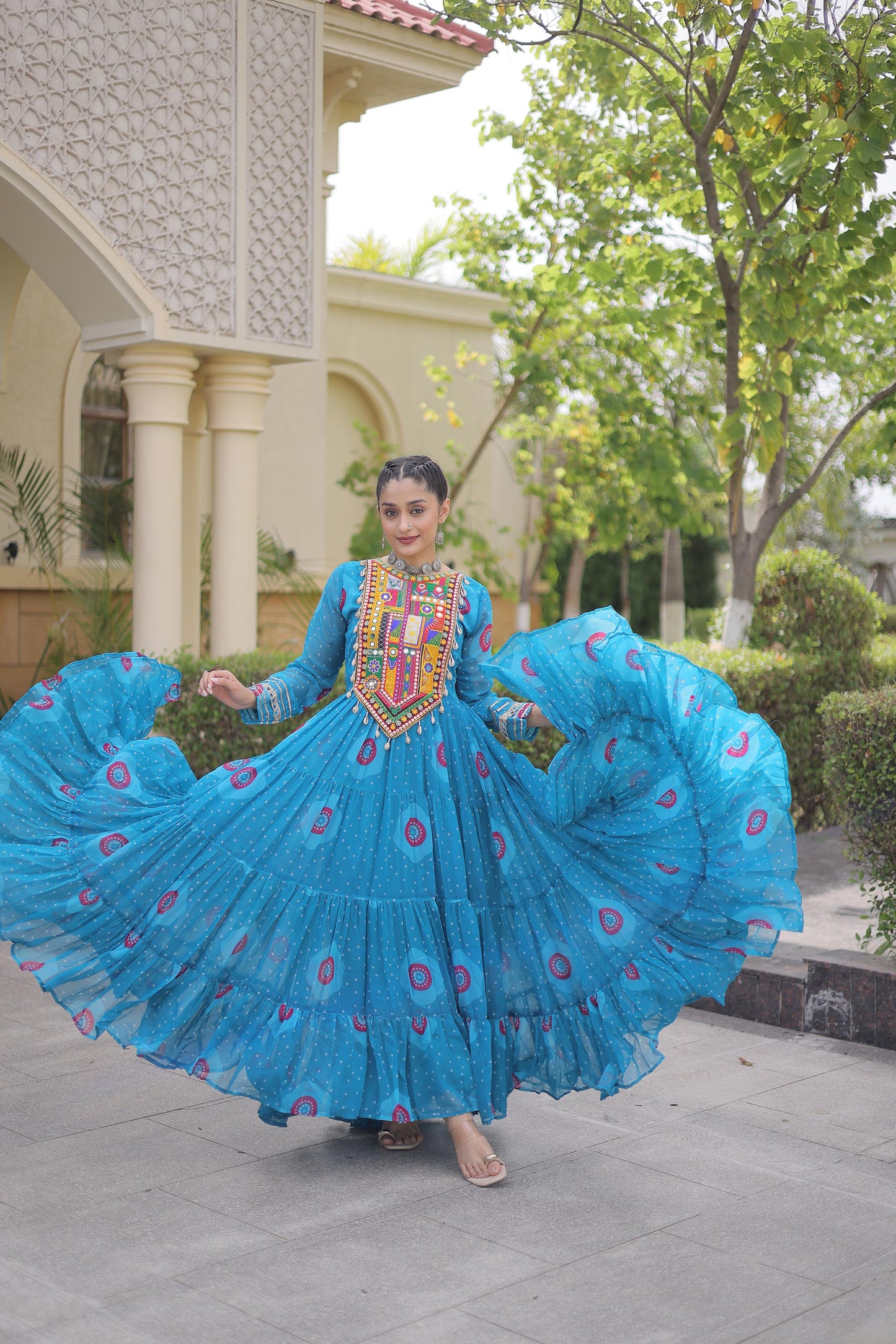 Sky Blue Faux Georgette Bandhani Print & Kutchi Patchwork Anarkali Gown