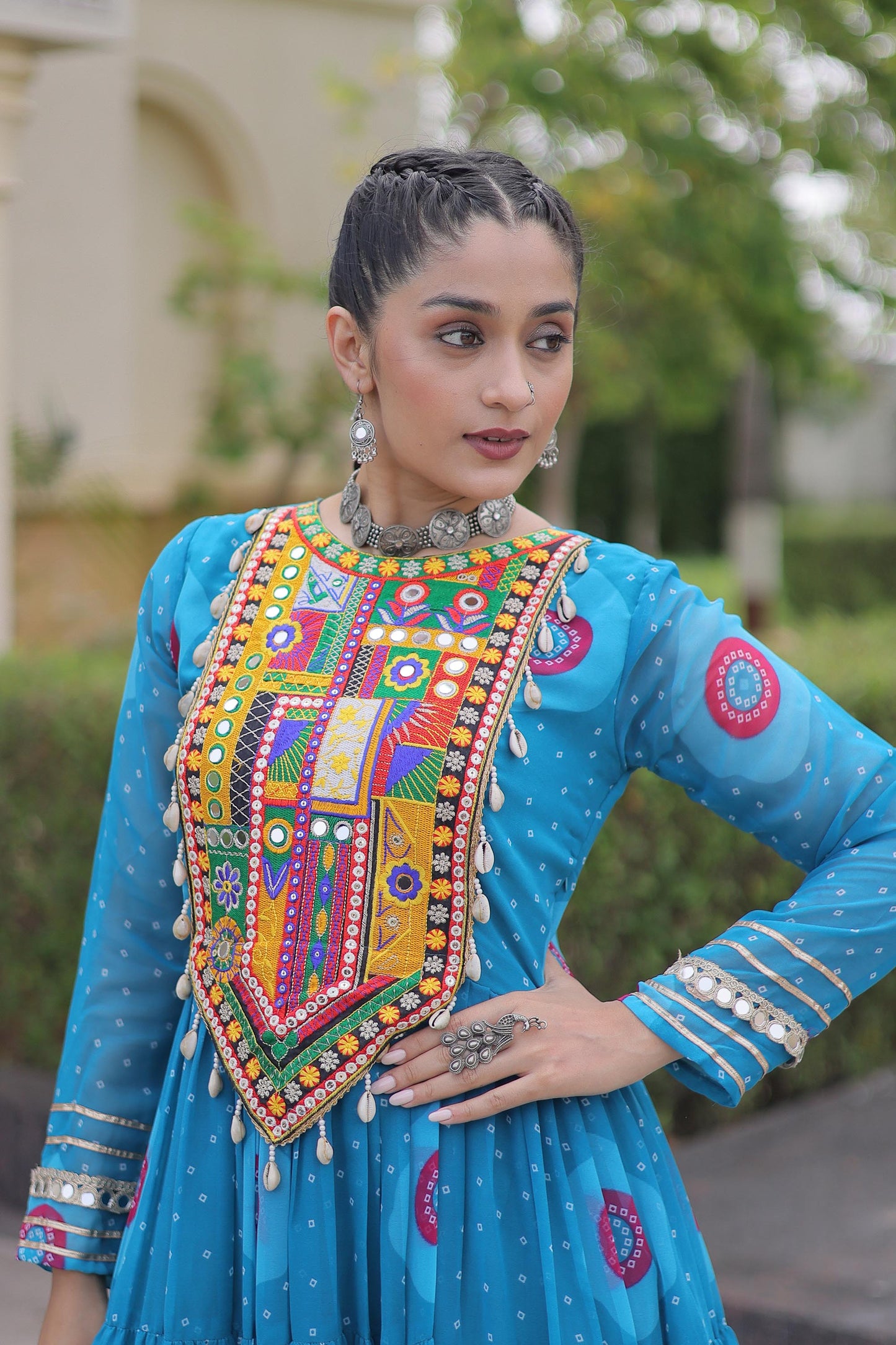 Sky Blue Faux Georgette Bandhani Print & Kutchi Patchwork Anarkali Gown