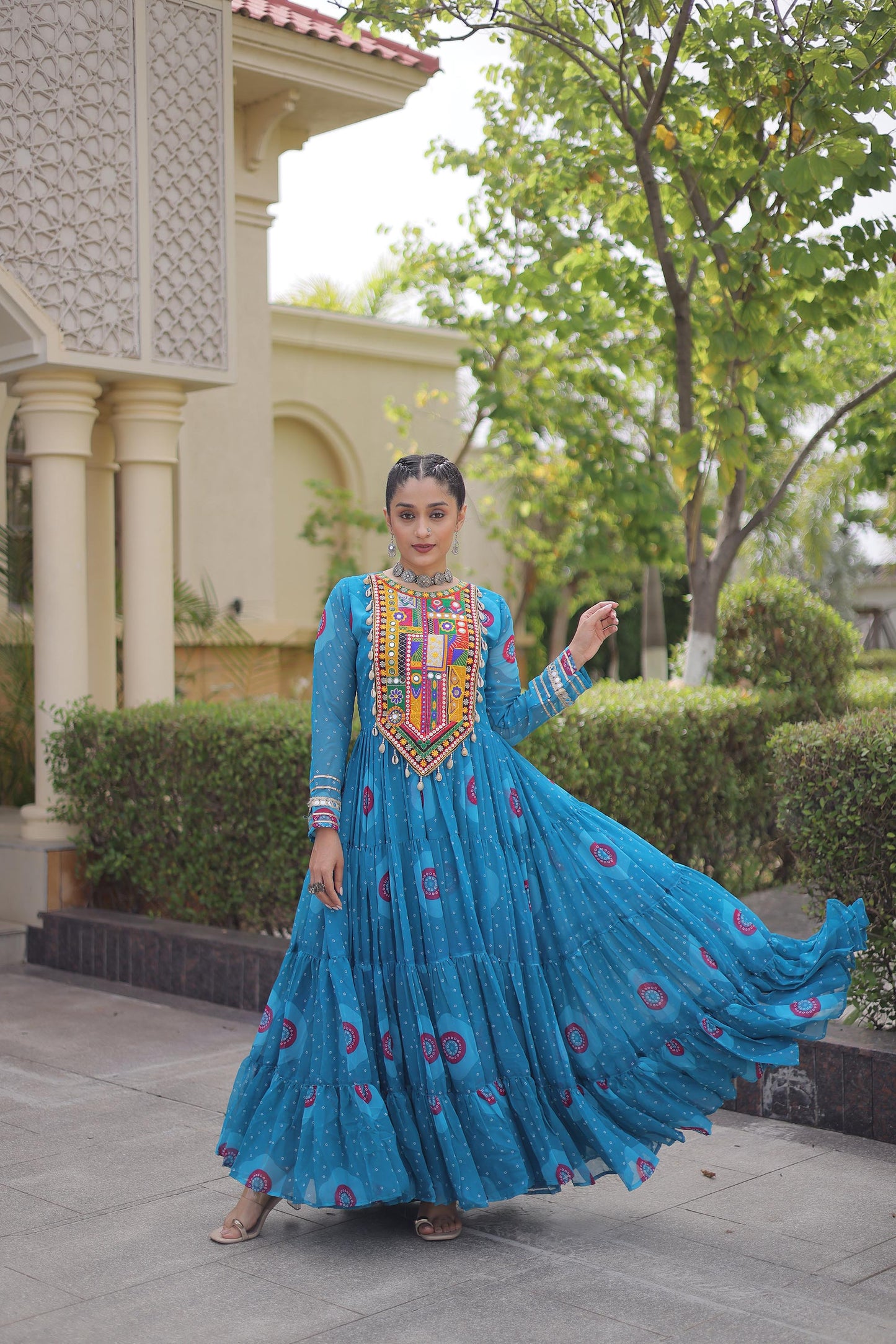 Sky Blue Faux Georgette Bandhani Print & Kutchi Patchwork Anarkali Gown