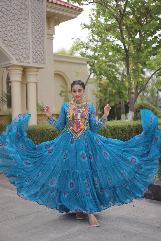 Sky Blue Faux Georgette Bandhani Print & Kutchi Patchwork Anarkali Gown